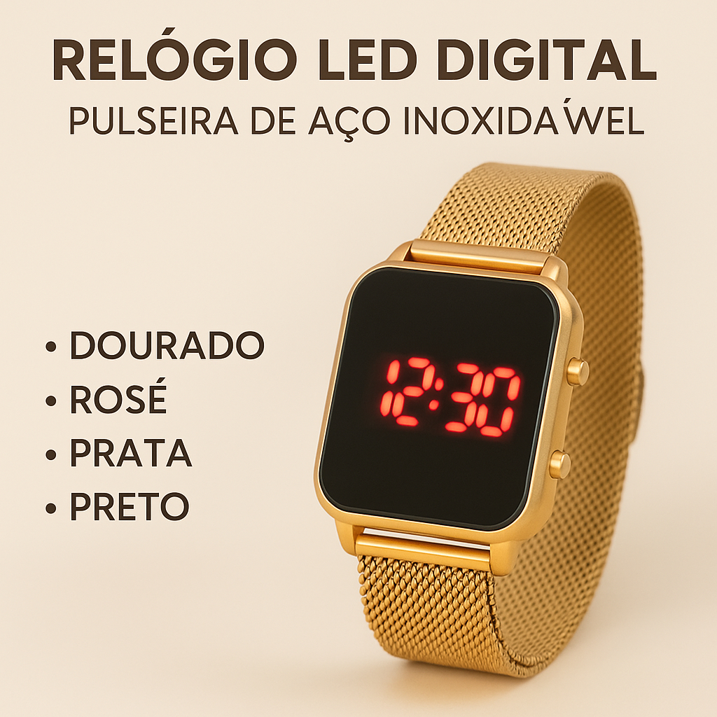 Relógio LED Digital Feminino – Dourado, Rosé, Prata e Preto Premium em Oferta na Shopee