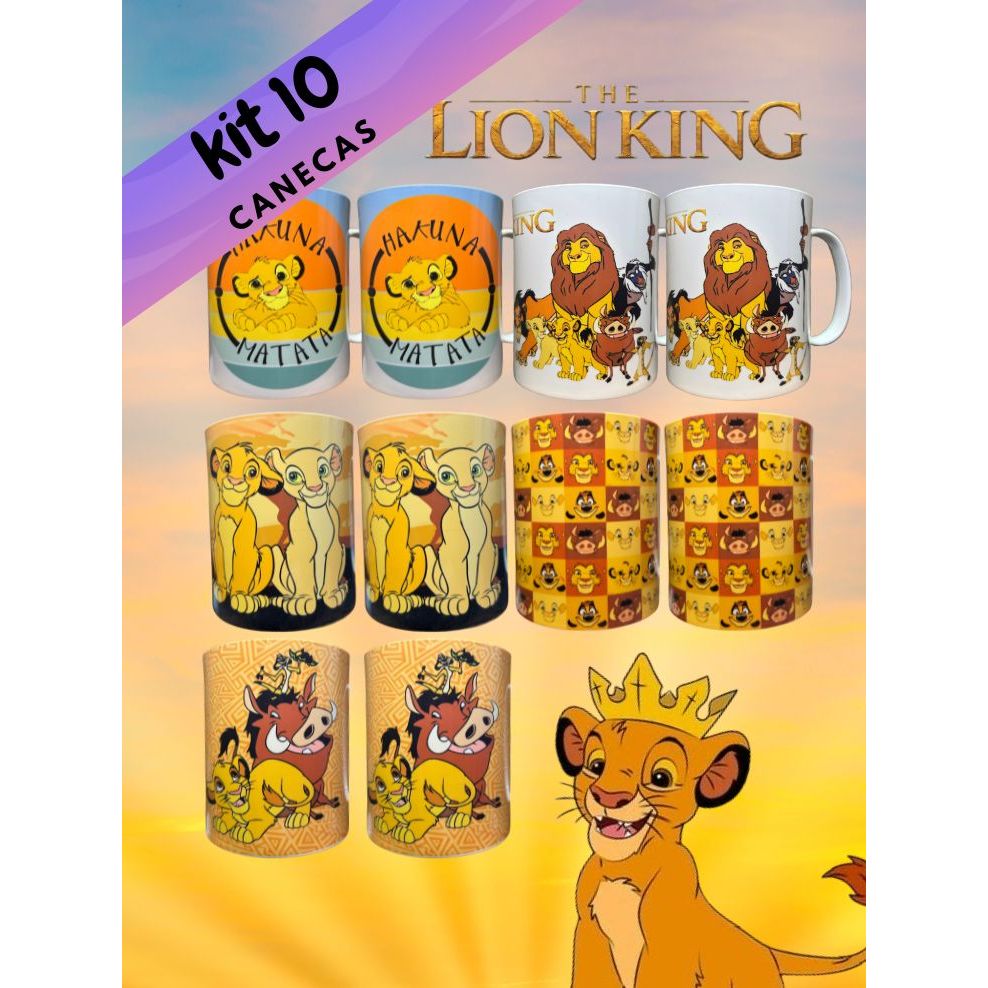 Kit 6/10/20 canecas polímero resistente Rei Leão aniversários revenda atacado lembrança promoção