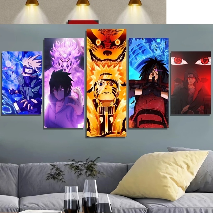 Quadro Decorativo 5 peças Mosaico Anime Naruto Shippuden Uzumaki Sasuke Madara Itachi Uchiha Hatake Kakashi Kyuubi Shari