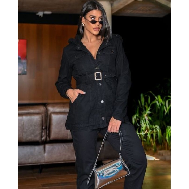 Parka Jeans Feminina Forrada Com Capuz Preto 22626 Consciência