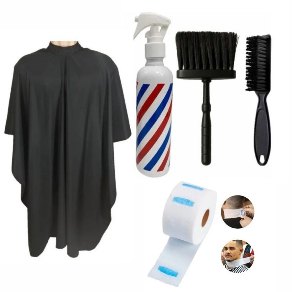Kit Completo Barbeiro Profissional Capa Cetim Corte Borrifador Escova Disfarce 100 Golas Gigienicas Espanador Barbearia em Oferta na Shopee