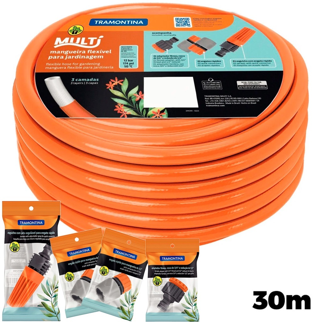 Mangueira Jardim TRAMONTINA Multi 1/2" 30m PVC 3 Camadas Com Engate Rápido e Esguicho - Original em Oferta na Shopee