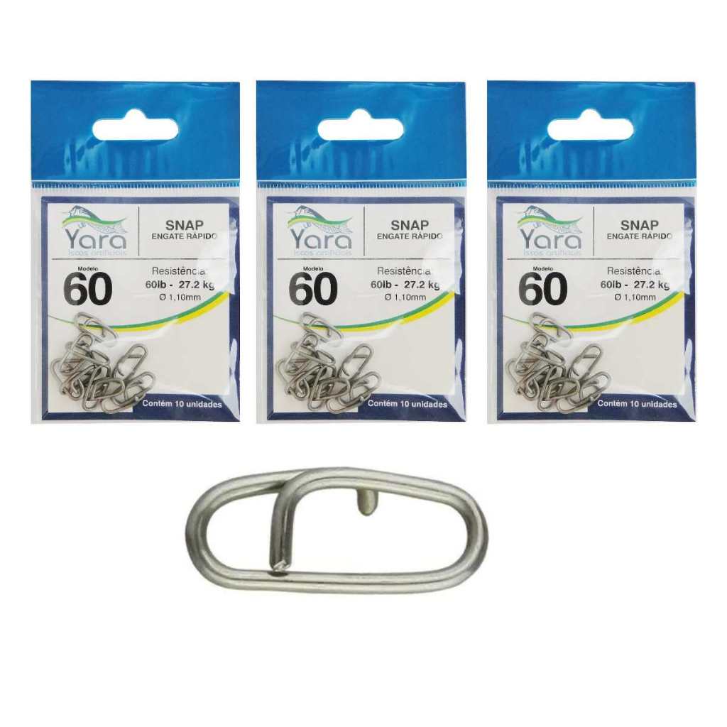 Kit 3 Cartelas 30 Unidades Snap Yara Engate Rápido Inox 60lb 27.2kg