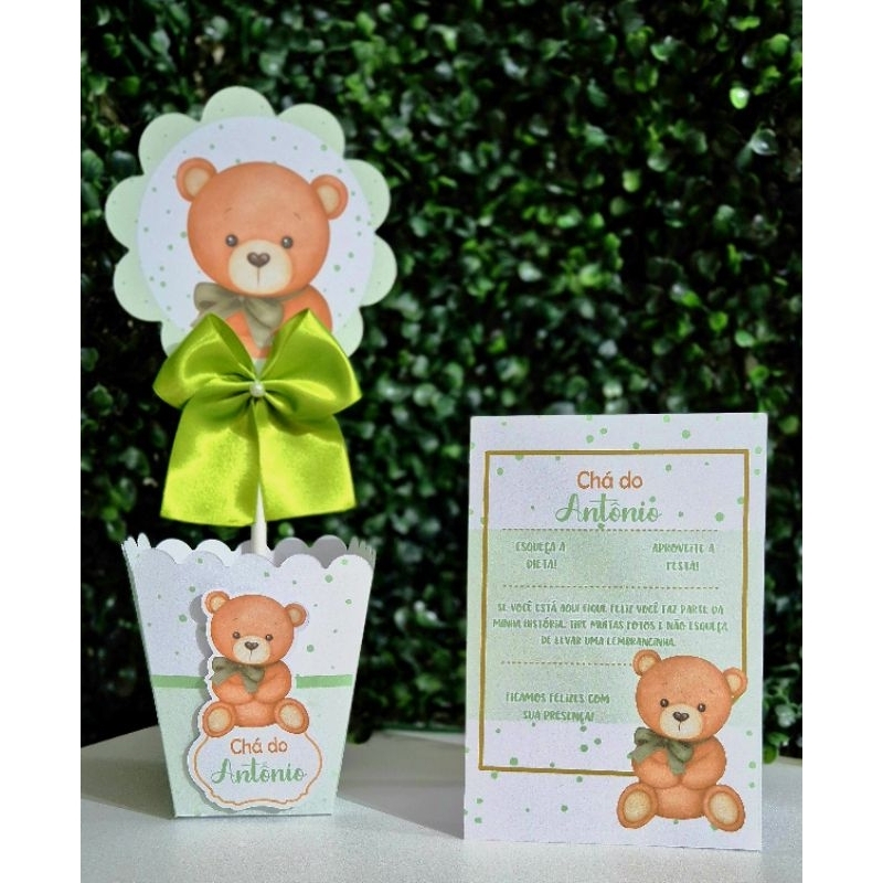 KIT CENTRO DE MESA CHÁ URSINHO VERDE | PERSONALIZADO | ENFEITE CACHEPÔ | DECORAÇÃO FRALDA | REVELAÇÃO