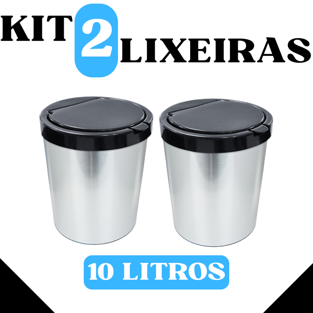 Kit 2 Lixeiras Redondas 10L com Tampa Click – Acabamento Inox Fosco - Cozinha Escritório Multiuso em Oferta na Shopee