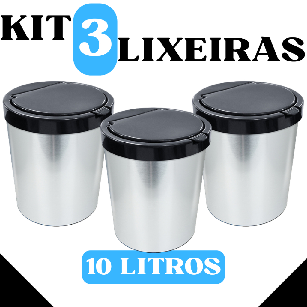 Kit 3 Lixeiras Redondas 10L com Tampa Click – Acabamento Inox Fosco - Cozinha Escritório Multiuso em Oferta na Shopee