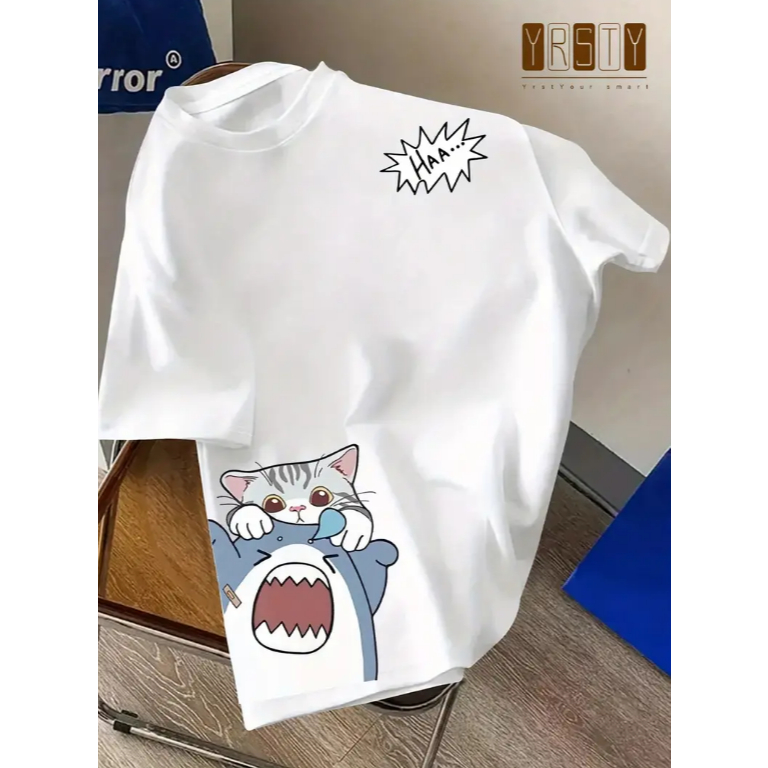 Camiseta Estampada com Padrão de Tubarão, Moderna e Confortável, Respirável, Nova Camiseta Casual de Manga Curta
