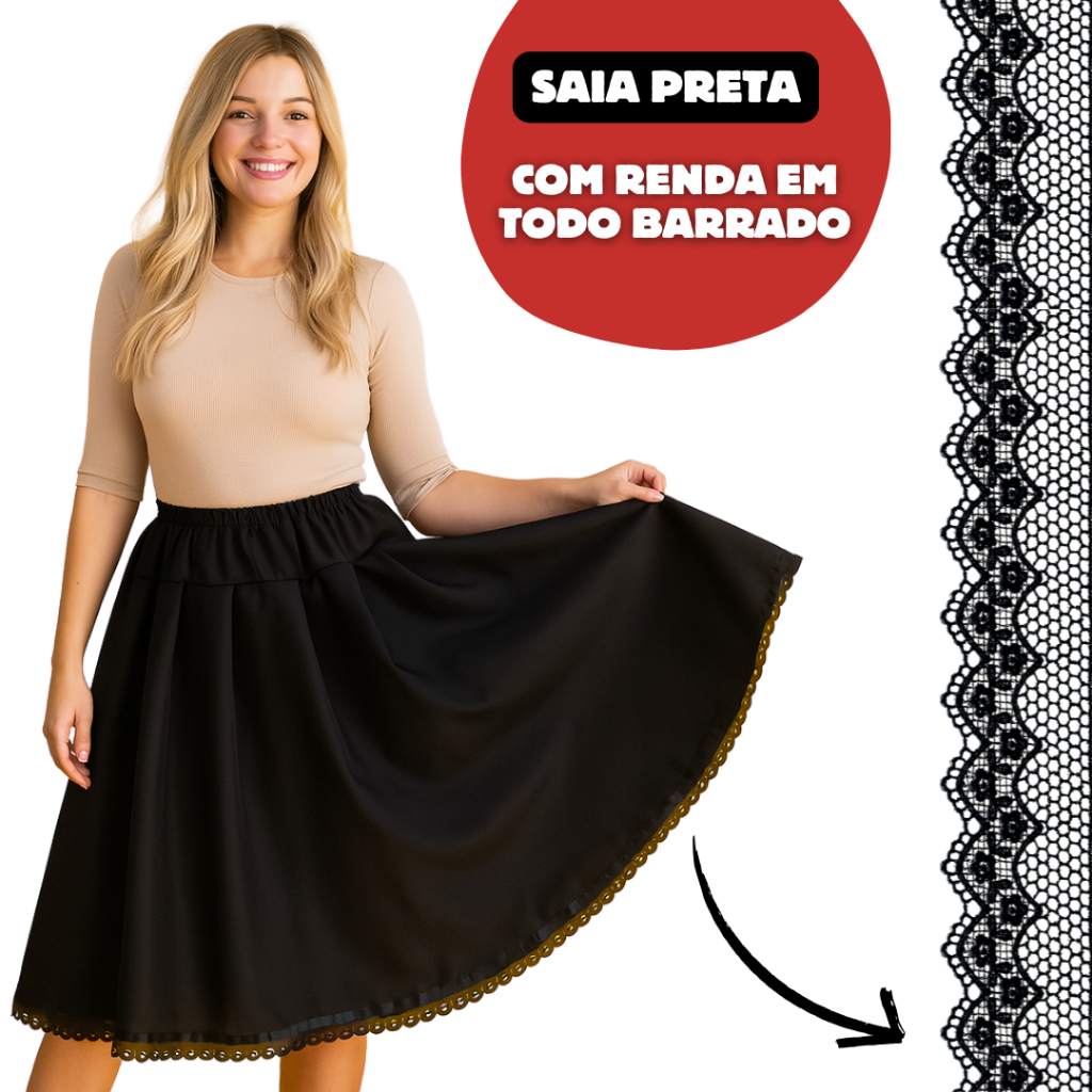 Saia Preta Umbanda Candomblé Pomba Gira Com 3 ou 2.30 Metros de Roda 90cm Altura Luxo Com Renda em Oferta na Shopee