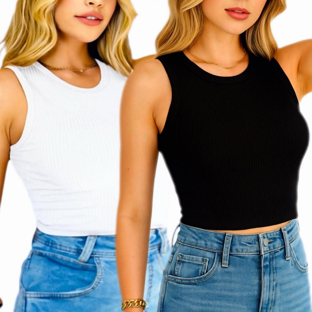 Kit 2 Croppeds Regata Canelado Gola Redonda Moda feminina verão básica