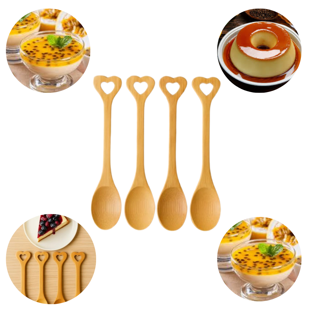 Kit Colheres Sobremesa Bambu Com Cabo Coração 4, 8, 12Pçs Acabamento Sofisticado P/ Mousses e Pudins