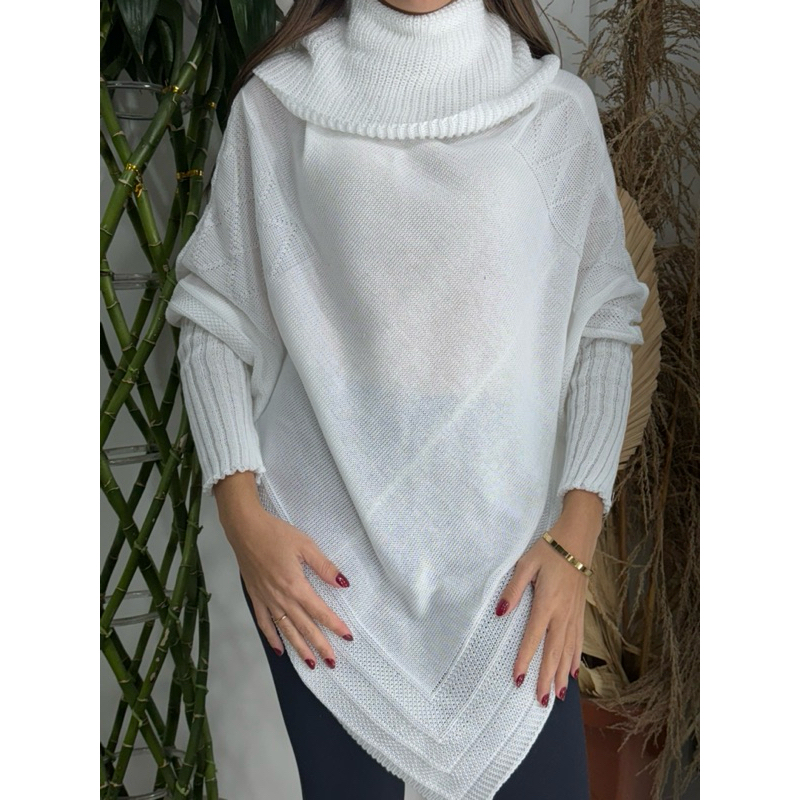 Poncho Bico Tricôt Feminino Punho Gola Alta Capa Inverno Casual Casaco 2026 Elegante Longo Soltinho Blusa