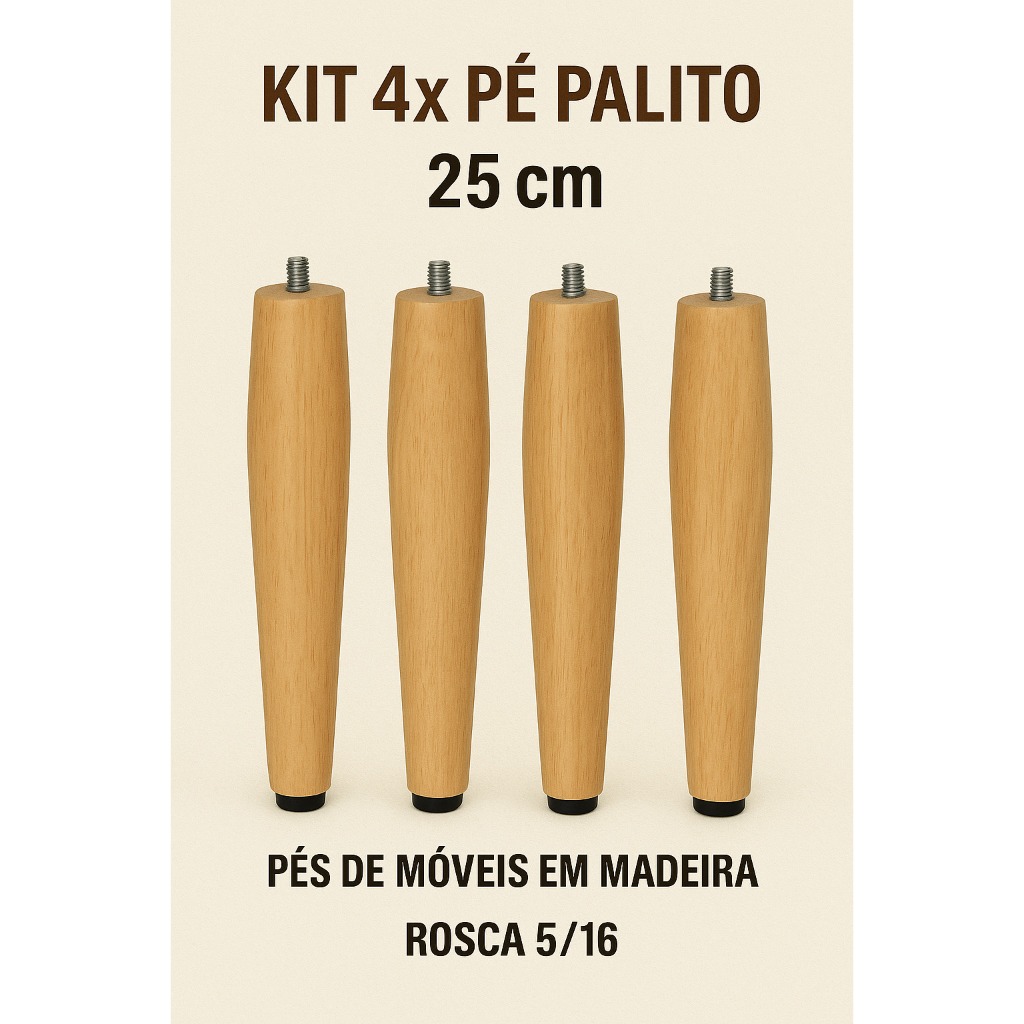 Kit 4 Pés Palito 25cm em Madeira Maciça – Estilo Retrô p/ Sofá, Rack, Poltrona e Móveis