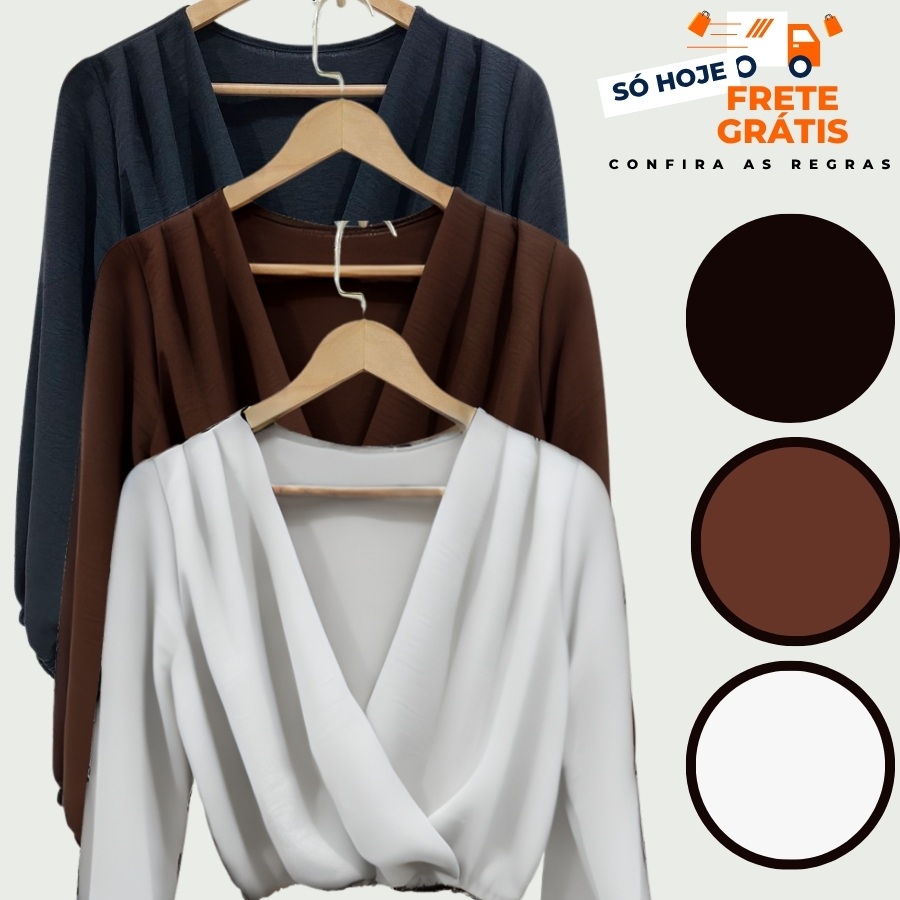 Blusa  Cropped Feminina em Suplex com Decote Transpassado – Manga Longa e Caimento Perfeito