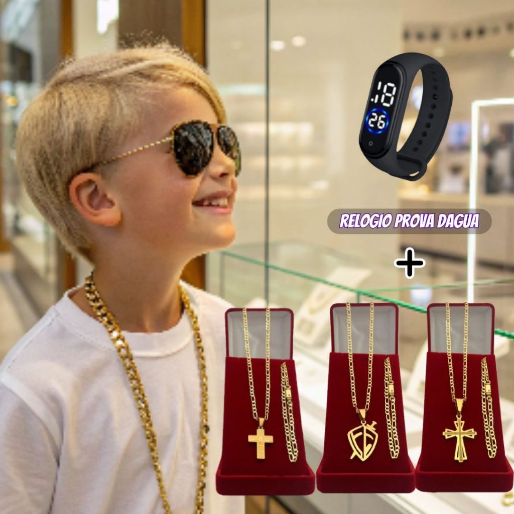 Conjunto Cordão Colar Masculino Infantil 3x1, Corrente Infantil Menino  18k + Relógio Digital Prova LED D’Água