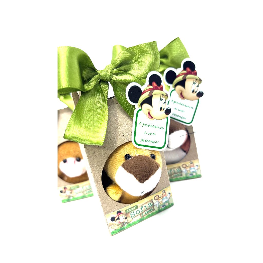 Lembrancinha Personalizada Minnie Safari Pelúcias Safari 6cm na Sacolinha com Laço e Tag 15 unidades