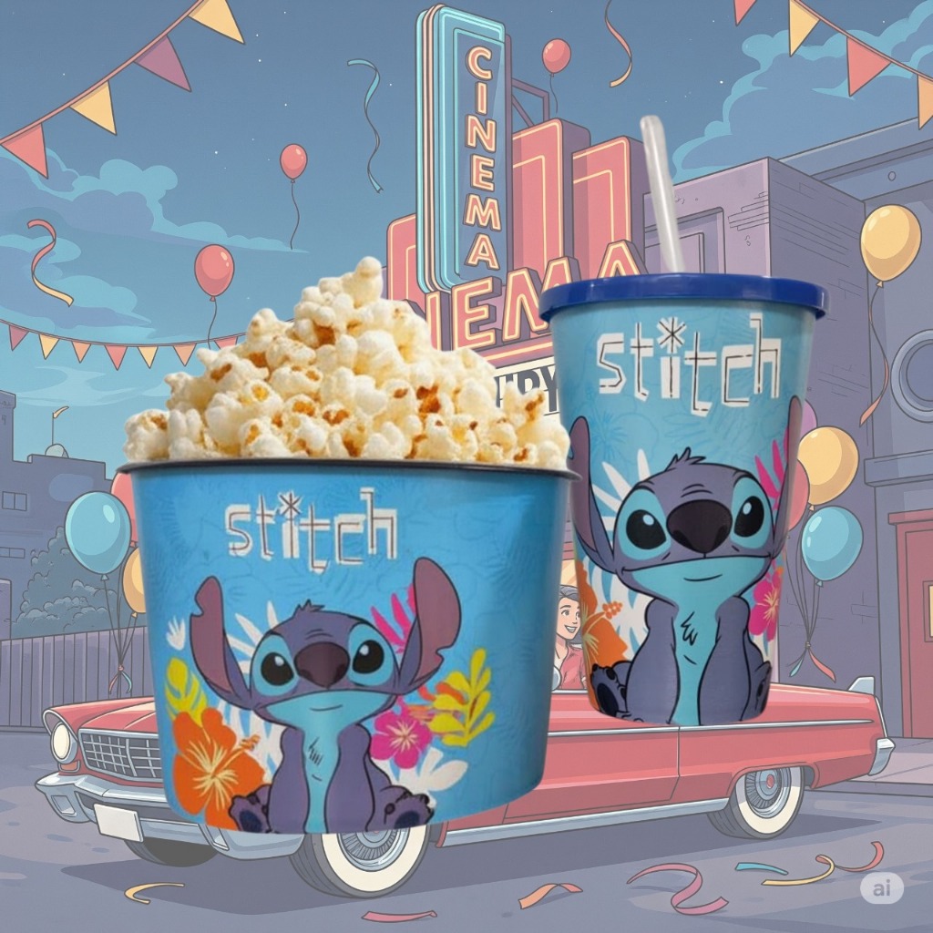 Balde Para Pipoca Stitch 1,5 LT + Copo 550 Ml com Canudo - Kit Cinema Stich Kids