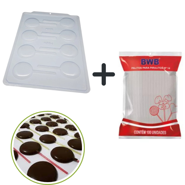 Kit Forma Para Chocolate SP 64 Bwb Pirulito Redondo Liso + 100 palitos 9cm para pirulito
