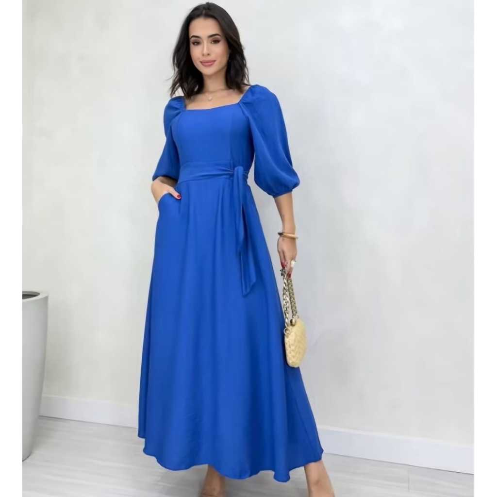 vestido mídi com bojo y mangas con elastico em Oferta na Shopee