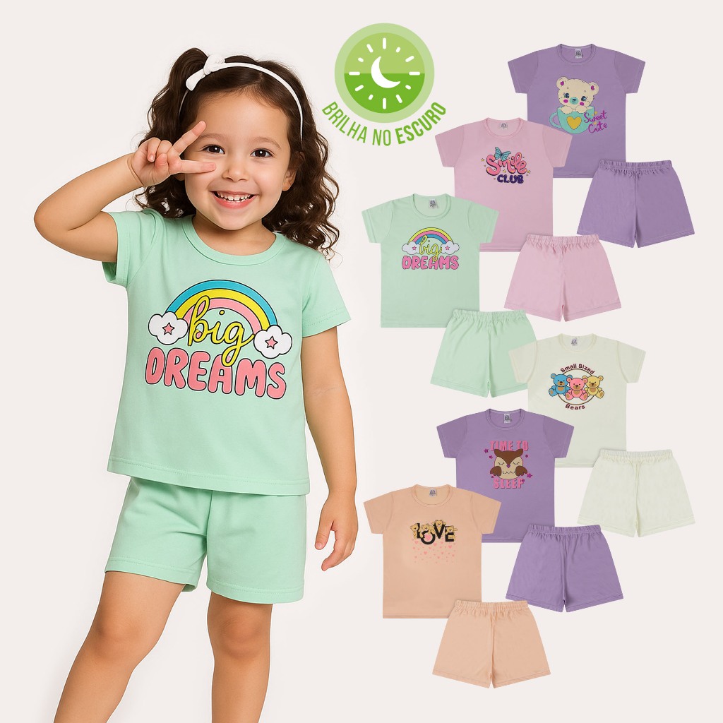 Conjunto Sortido Pijama Infantil Menina Brilha no Escuro 1 Camiseta + 1 Short Roupa Menina Verão