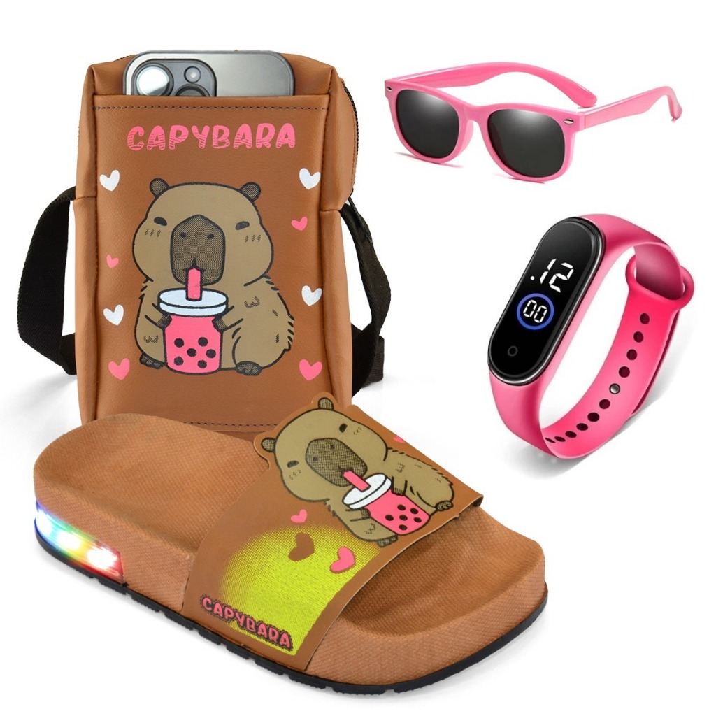 Chinelo LED Capybara infantil + Relógio + Óculos + Bolsa Infantil — Kit Perfeito Pra Criança Brilhar