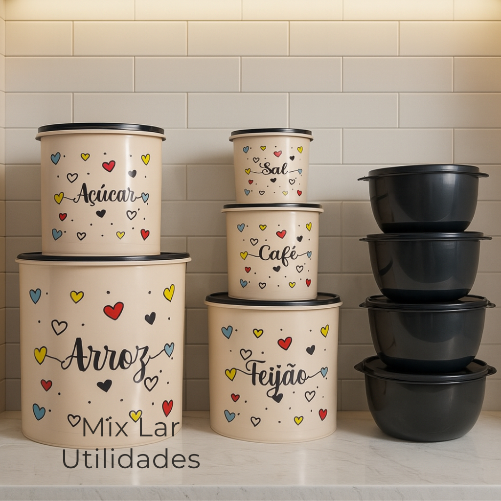 Kit de potes mantimentos 5 peças plástico + 4 potes Boll redondos para cozinha em Oferta na Shopee