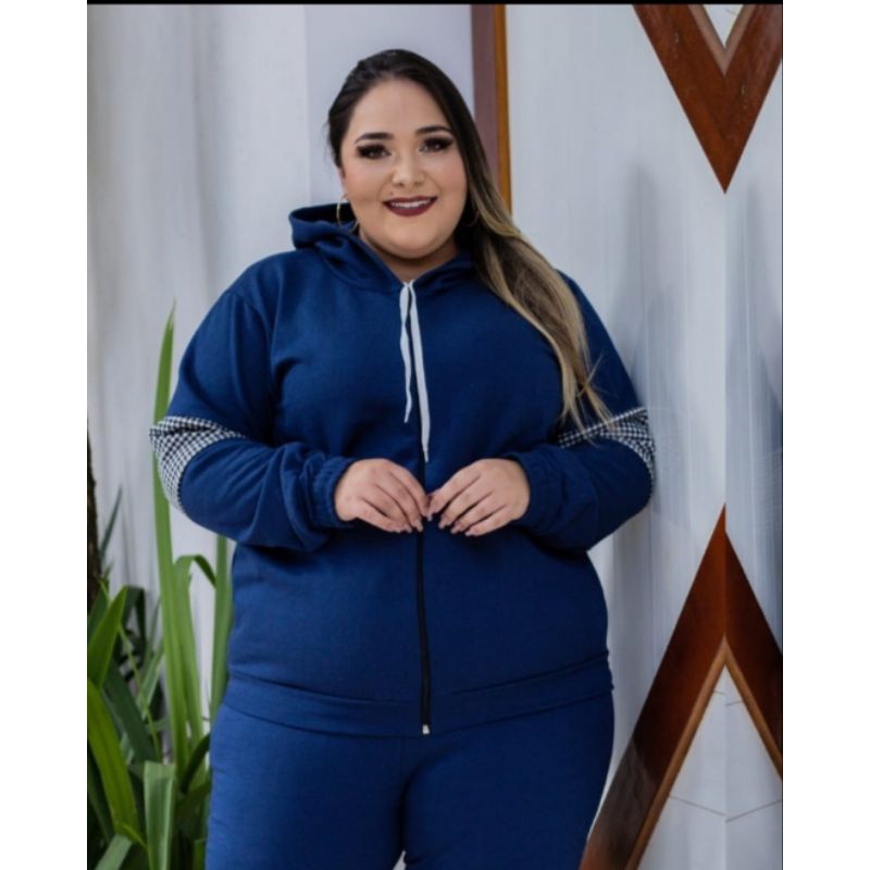 Conjunto de moletom plus size com zíper capuz  casaco+ calça bolso cordão feminino