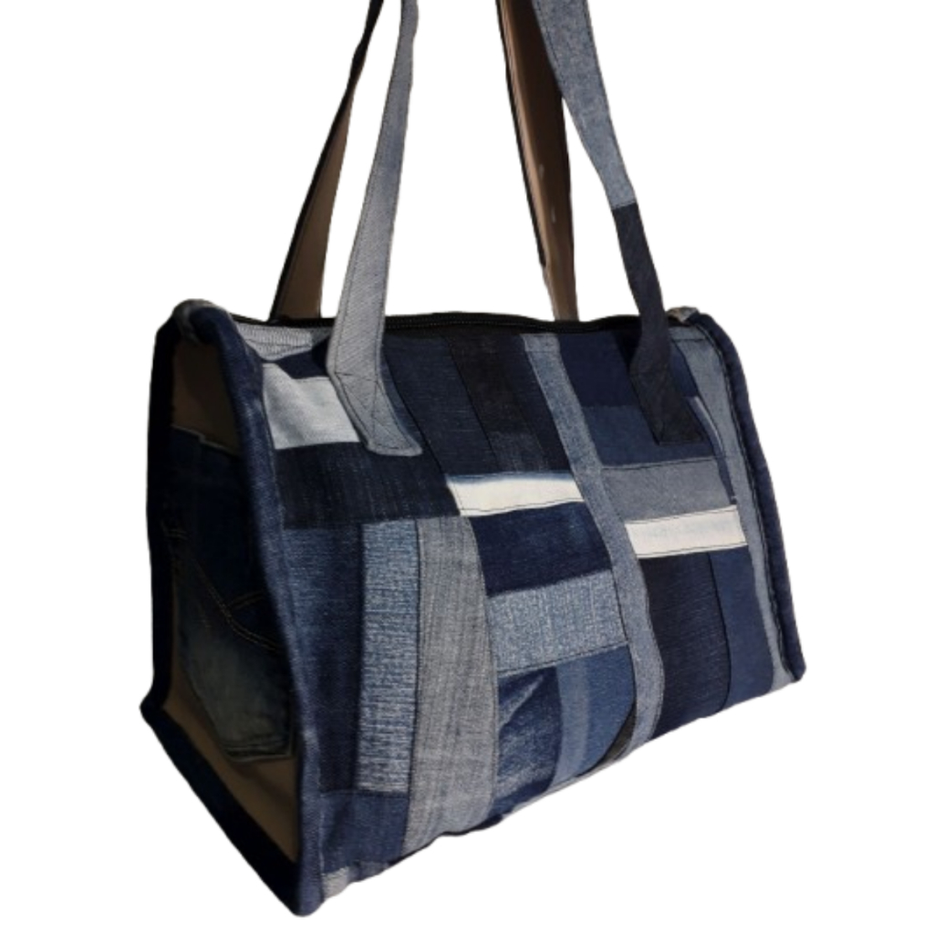 Bolsa de Ombro Estilosa Jeans e Corino Tipo Maleta
