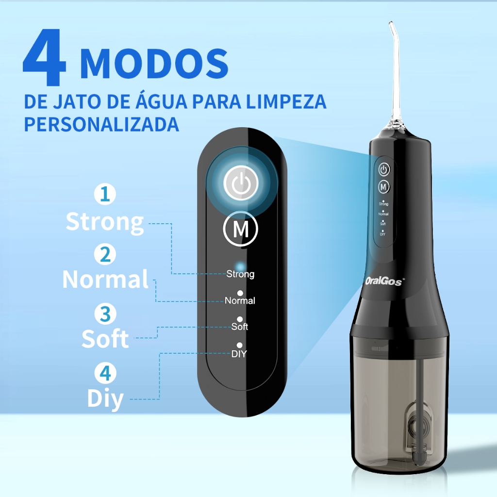 OralGos Irrigador Oral Portátil 260ML, 4 Modos de Pressão, 4 Bicos, IPX7 à Prova d’Água