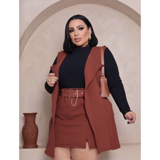 conjunto plus size 2 pecas colete+ sort saia acompanha cinto em Oferta na Shopee