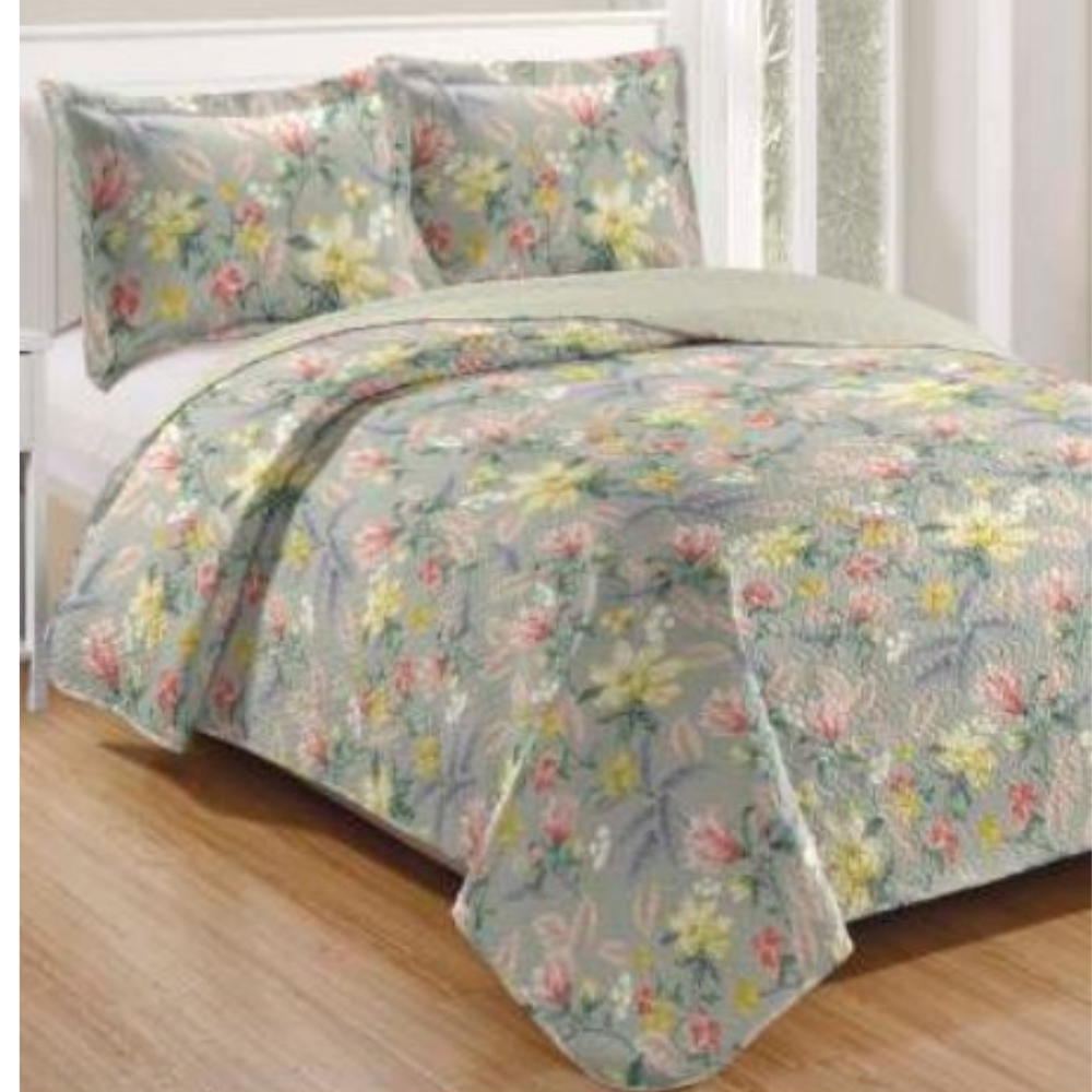 Kit Cobre Leito Colcha casal Bouti e Capri, 3 Peças Dupla Face Estampada Porta Travesseiro Aba Americana