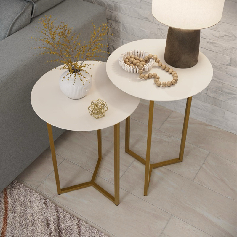 Conjunto de Mesa redonda Alice Dourado em aço e tampo Mdf