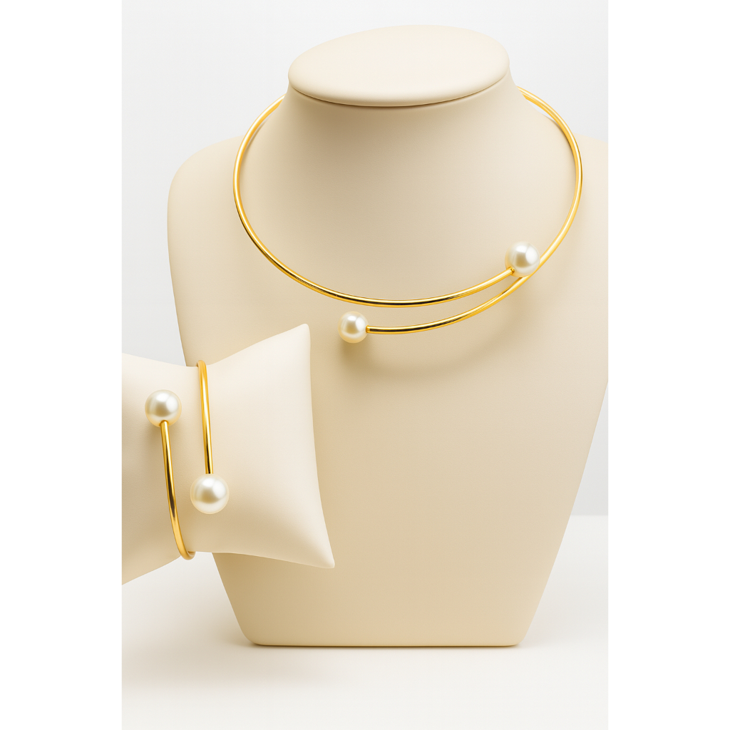 Choker e Pulseira com Pérolas – Conjunto Feminino Folheado Ouro ou Prata com Aro Ajustável