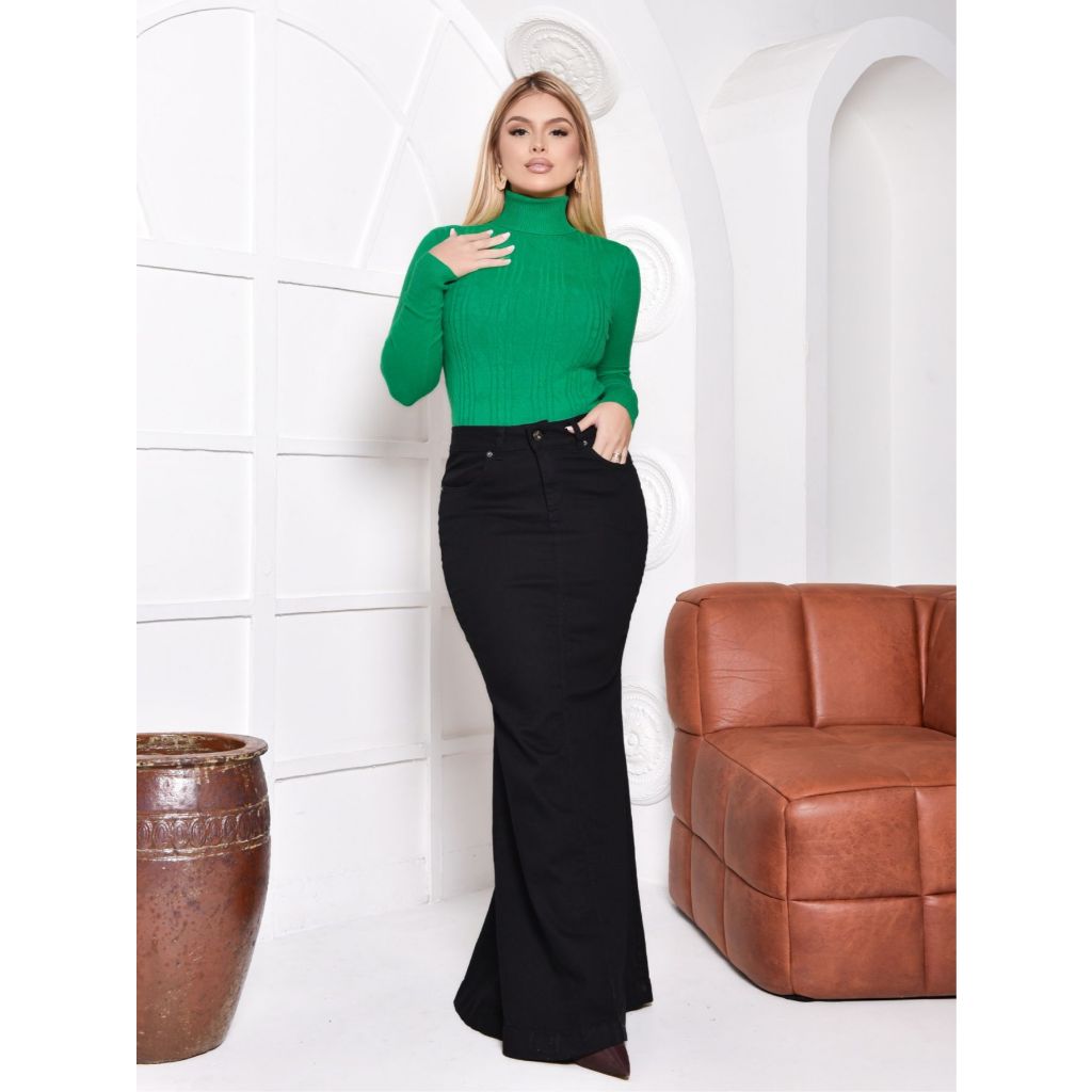 saia longa PRETA com elastano e com bolso moda evangélica