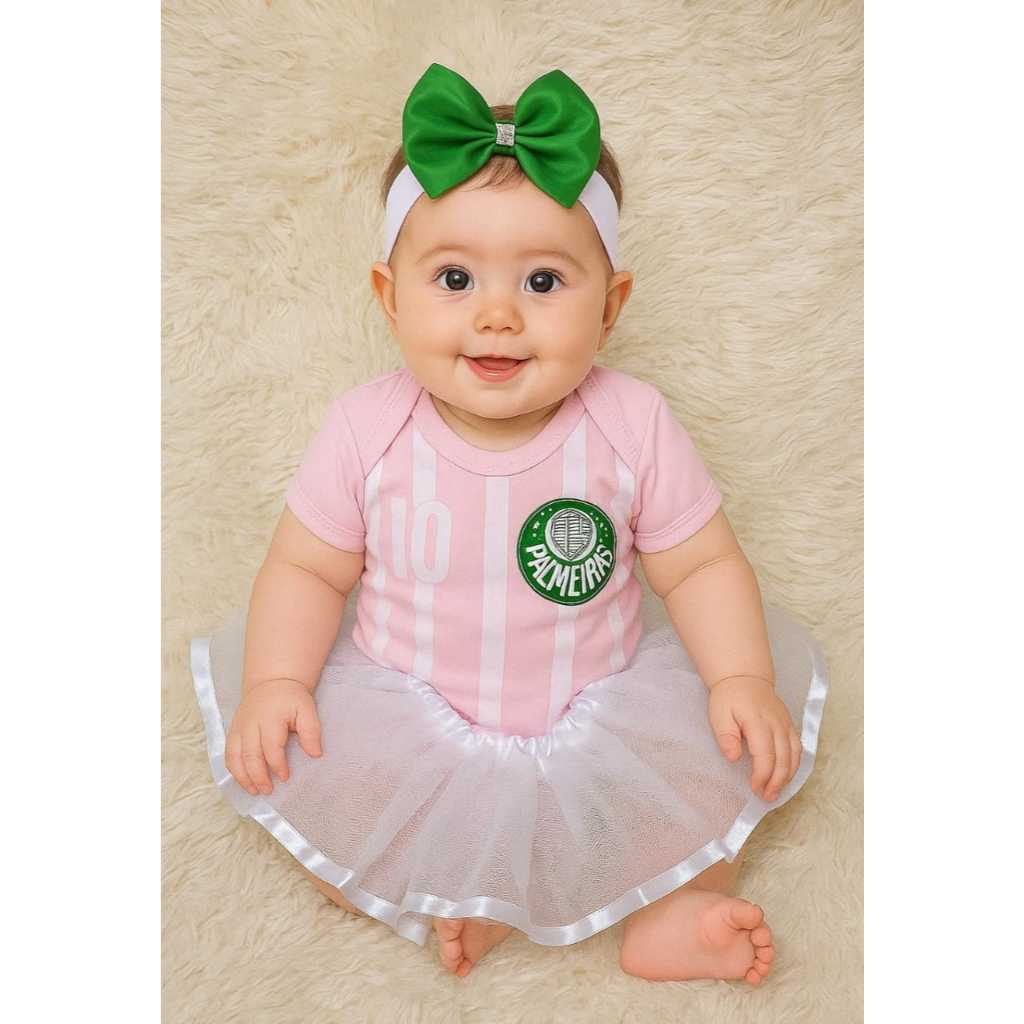 Kit Body Bebê Menina Time Paulista Verde Verdão ROSA Conjunto Infantil Mesversário Body Saia Laço