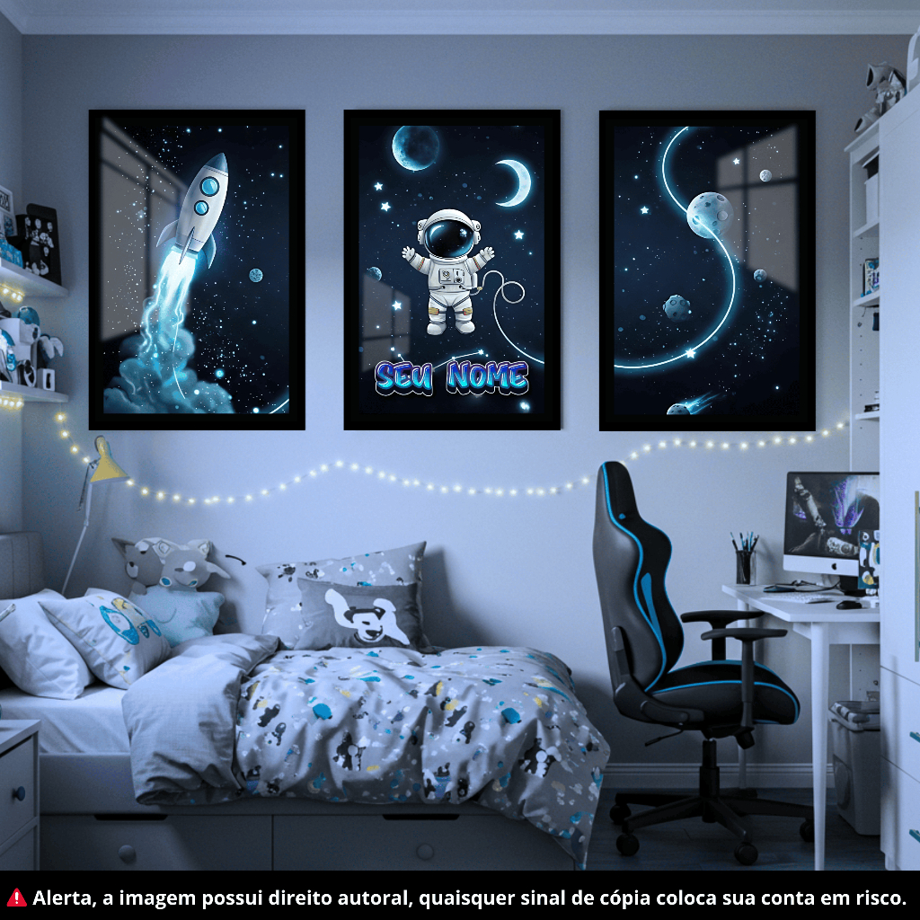 Kit 3 Quadros Decorativos  Infantil Astronauta Azul Lua NOME PERSONALIZADO Quarto Sala Luxo 122x60cm em Oferta na Shopee