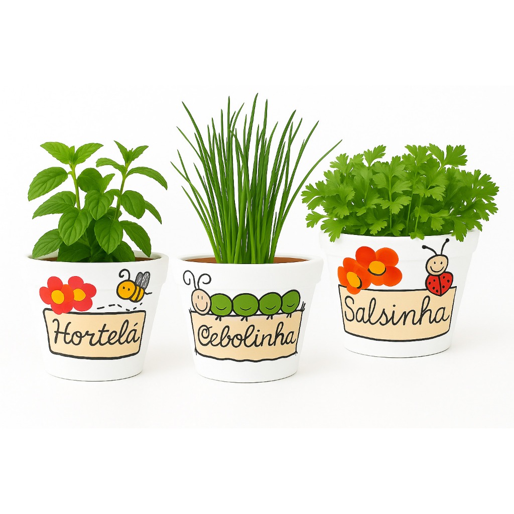 Kit 3 Vasos de Barro Decorados para Condimentos – Cebolinha, Salsinha e Hortelã em Oferta na Shopee