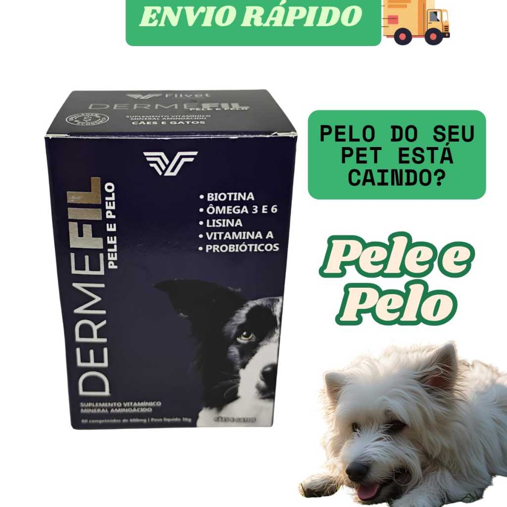 Dermefil Pele e Pelo 60 Comprimidos – Suplemento Ómega 3 6  Biotina para Cães e Gatos Queda de pelo