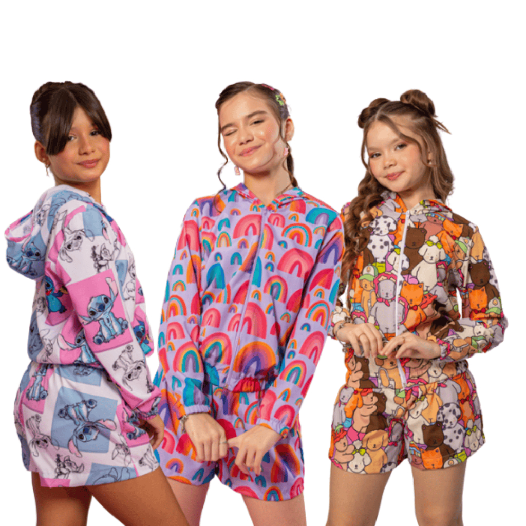 Conjunto Infantil e Juvenil com Bomber e short estampado Menina Luxo
