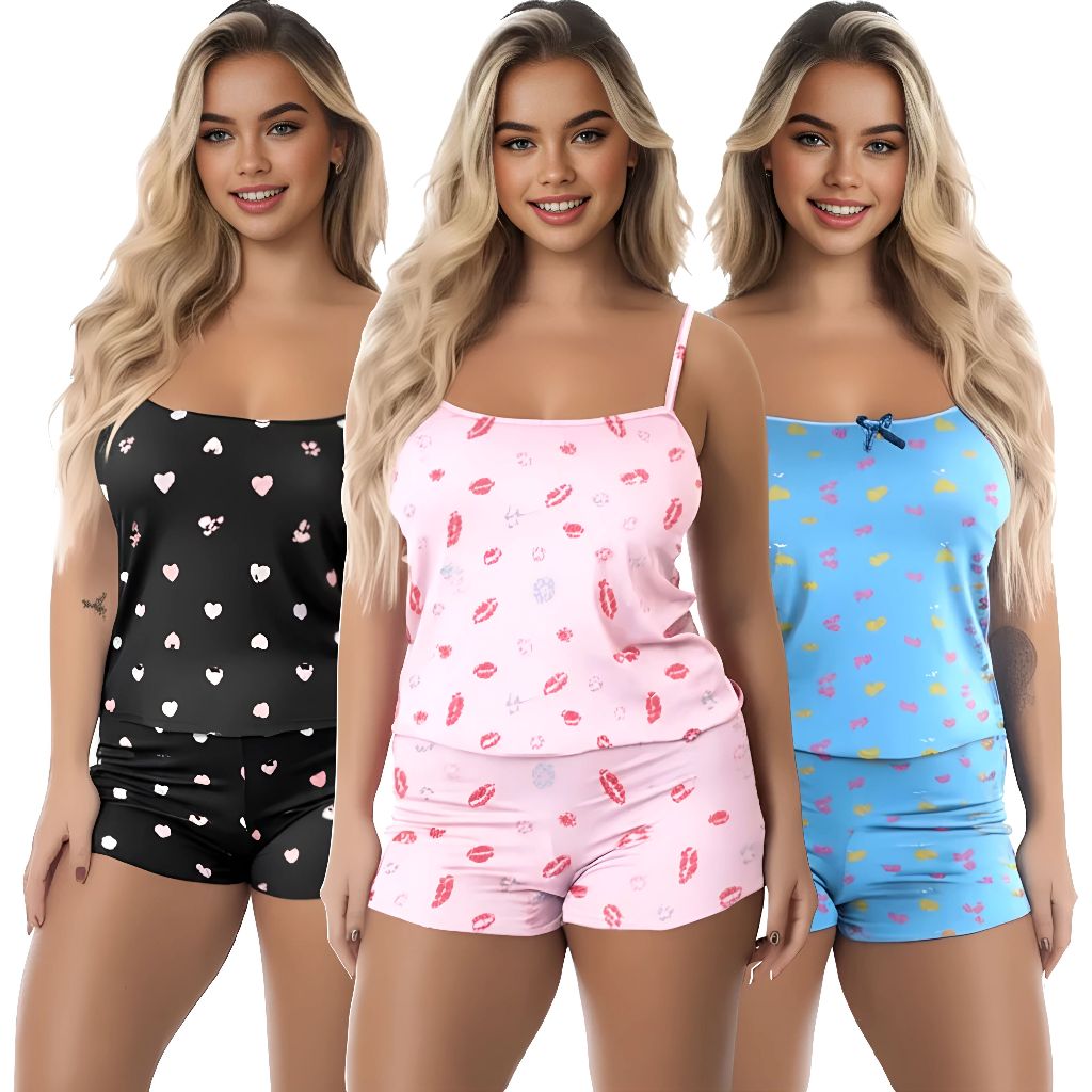 Kit 3 Conjunto Pijama Baby Doll Short Doll Estampado Sem Bojo Original