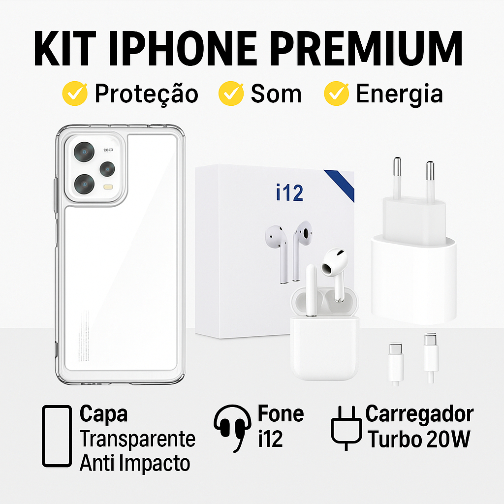 Combo 3 em 1 Capa Transparente + Fone i12 + Carregador para iPhone XR 11 12 13 14 15 16 Pró e Max