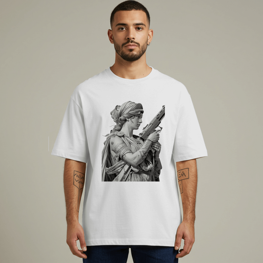 Camiseta Oversize Estátua Armada Estilo Urbano Streetwear Algodão