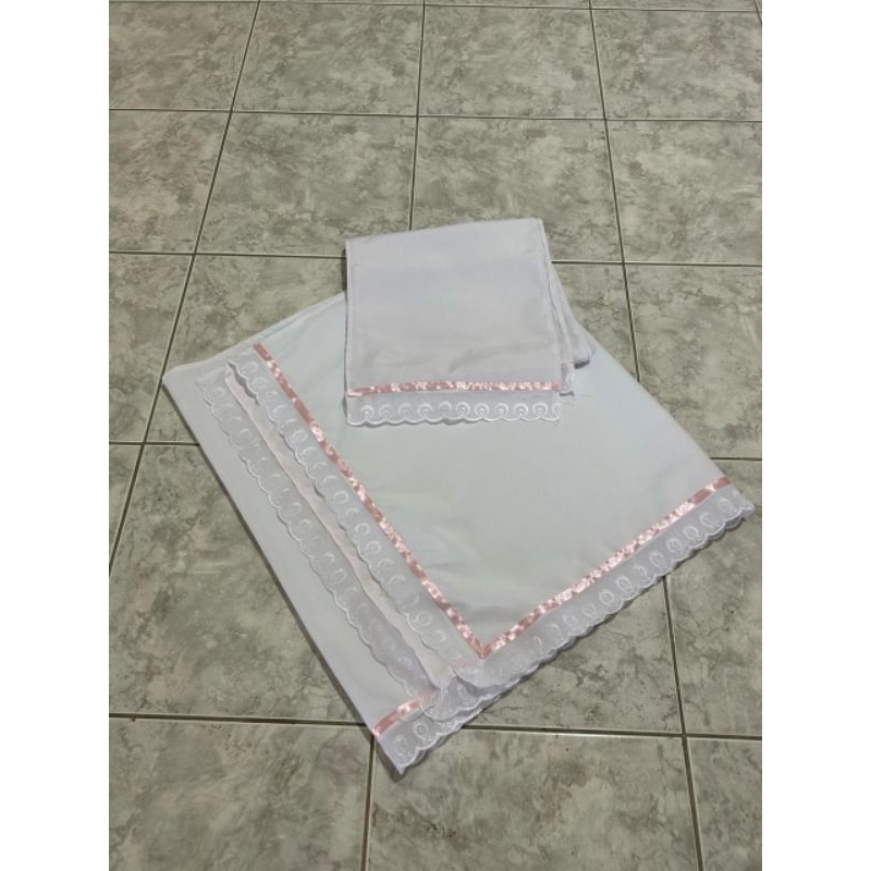 conjunto 2 peças pano da costa pano de cabeça Oxford bordado inglês fita rosa