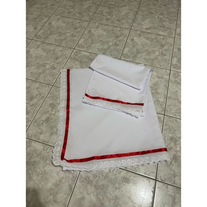 conjunto 2 peças umbanda e candomblé pano da costa pano de cabeça  bordado inglês fita vermelha