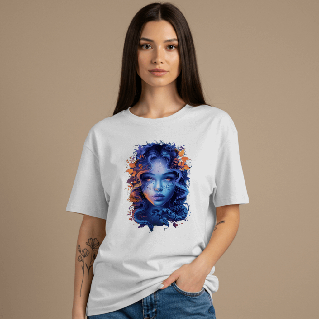 Camiseta Feminina Estilo Medusa Criativa com Frase Ilustrada Oversized Moderna