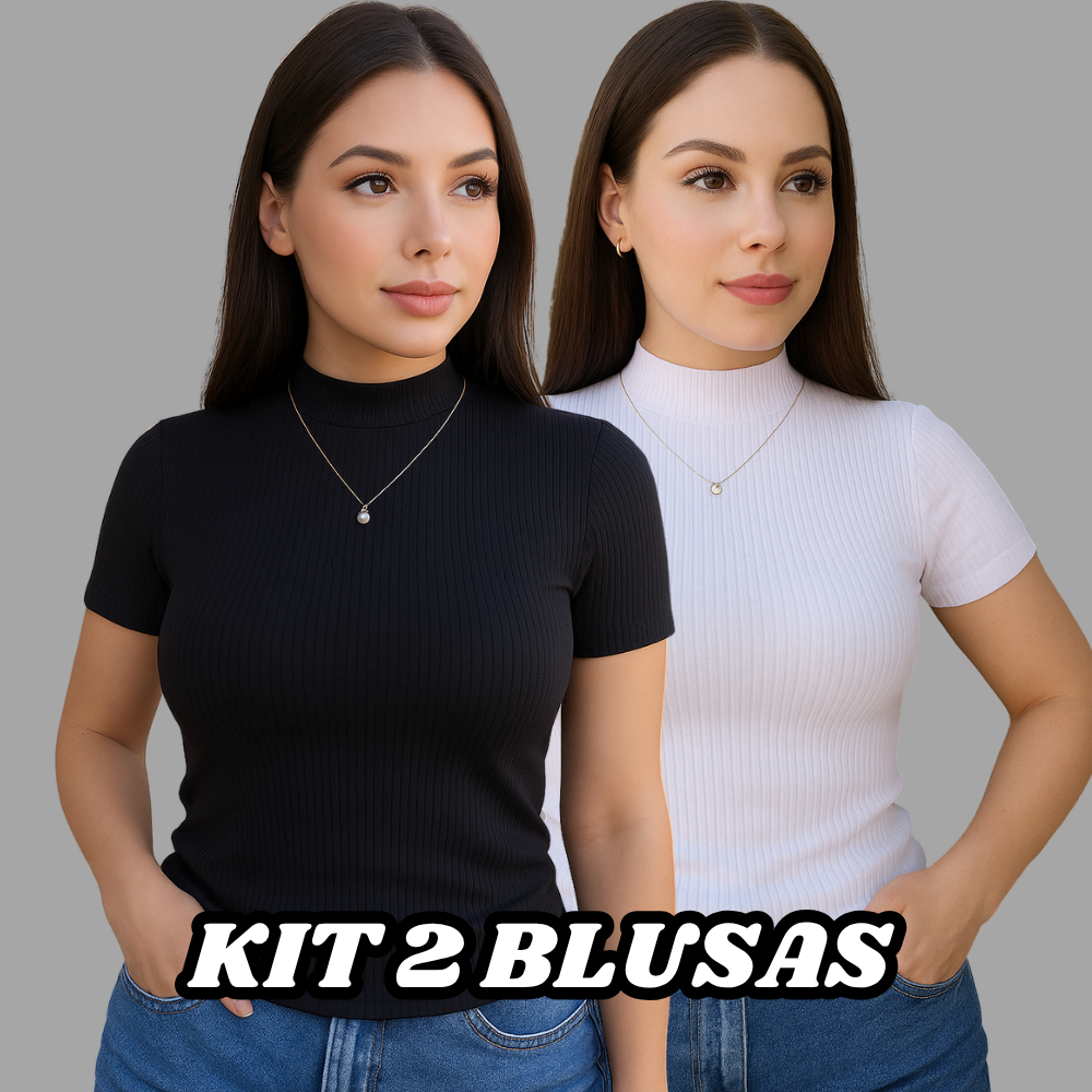 Kit 2 Blusa Canelada Feminina Gola Alta Manga Curta