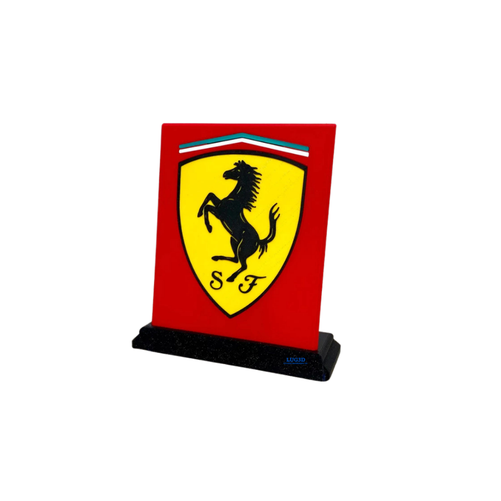 Placa Ferrari 3D Decorativa • Escudo Esportivo com Base • Impressão de Alta Qualidade