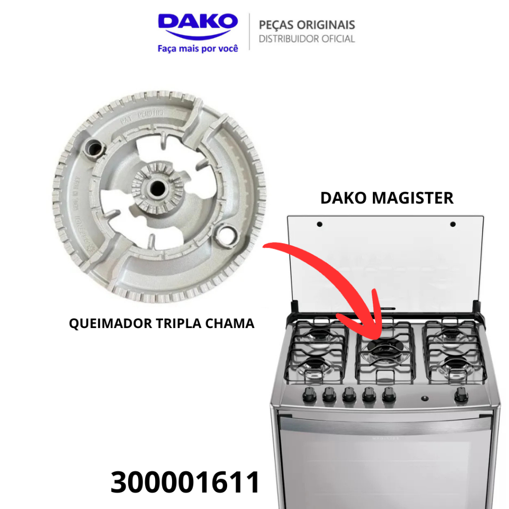QUEIMADOR TRIPLA CHAMA BOCA CENTRAL ORIGINAL FOGÃO DAKO MAGISTER MESA INOX MODERNO 2020 EM DIANTE