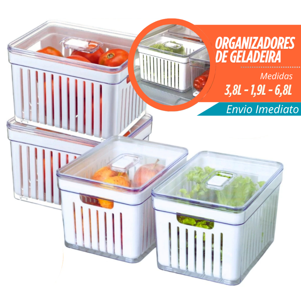 Kit 4 Organizador de Geladeira 3,8 Litros Cesto ou 1,9 Com Tampa Multiuso Alimento Verdura e Vegetal