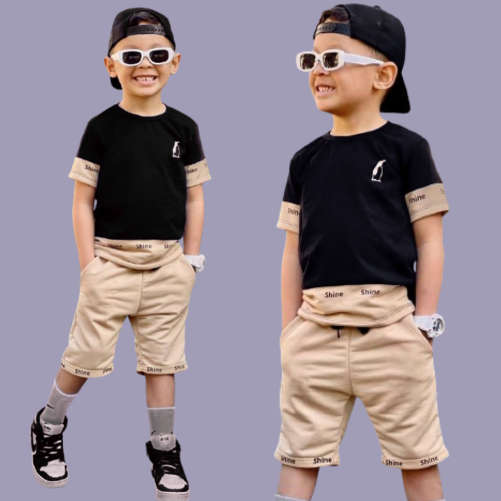 Conjunto Shine Kids Lançamento Verão Infantil Juvenil Masculino Kit Blusa + Bermuda do 2 ao 14 anos