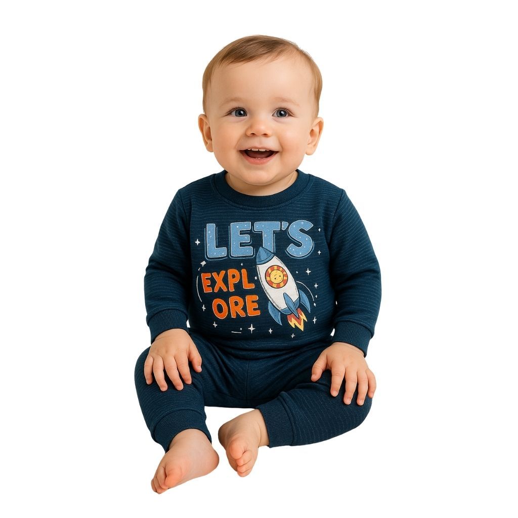 Conjunto Bebê Menino Inverno P/M Blusão e Calça Felpado Riscado Estampa Foguete Quentinho Masculino